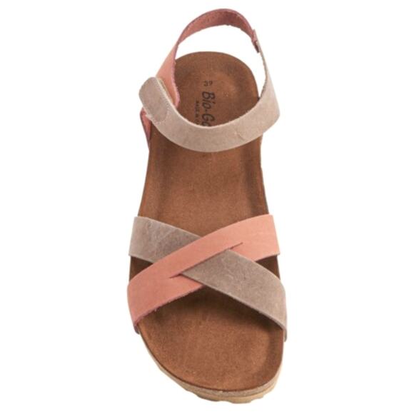 Bio-Gold Suede Leather Sandals Cork Wedge Ankle Strap Womens Size 9 Taupe Peach - Picture 3 of 14